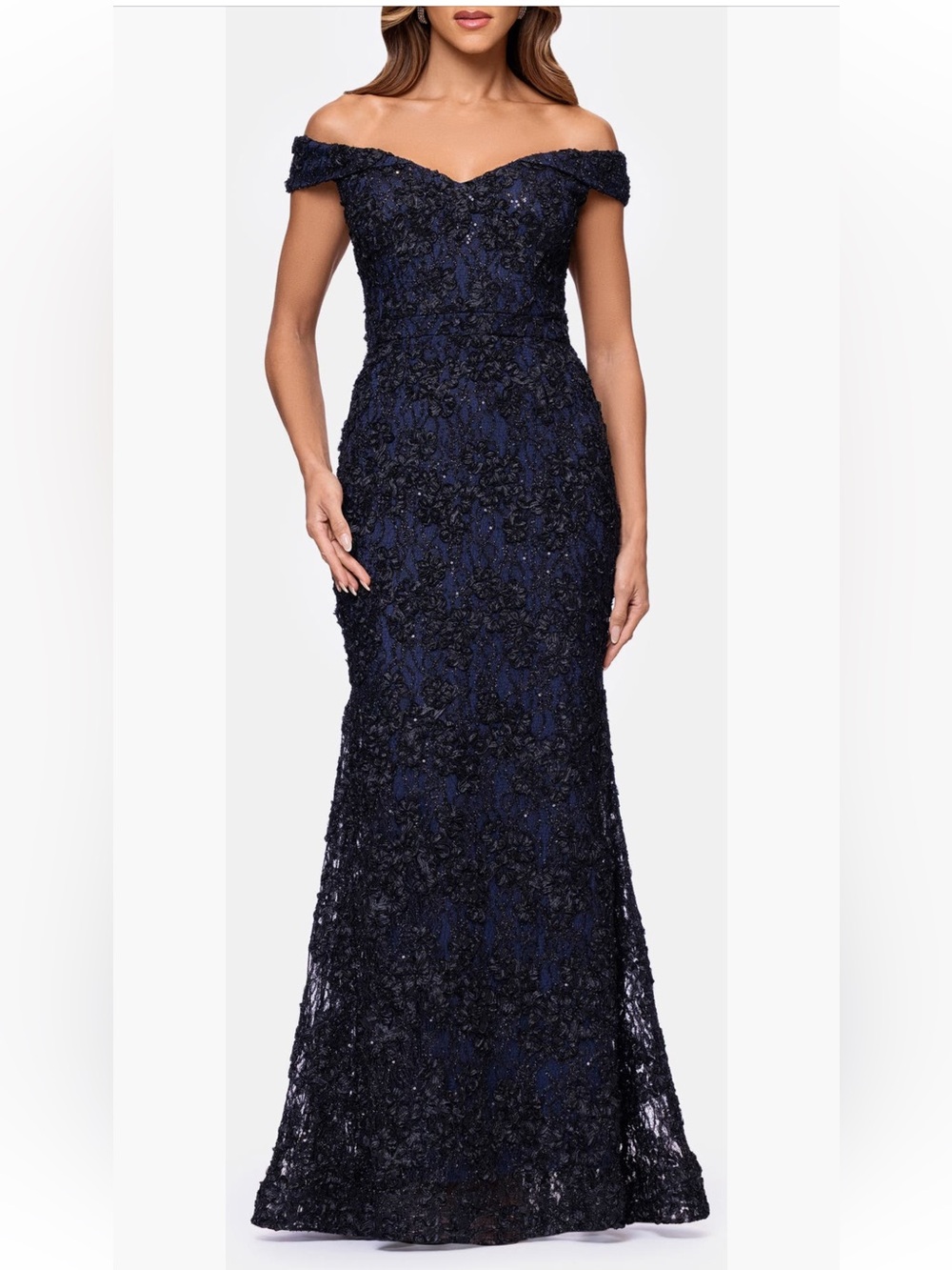 Xscape Women's Off The Shoulder Sequin & Lace Overlay Evening Gown New